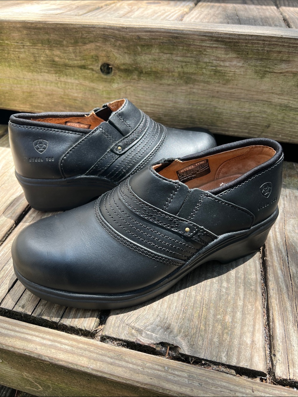 ARIAT Black Slip-On Steel Toe Leather Work Clogs BRAND NEW!